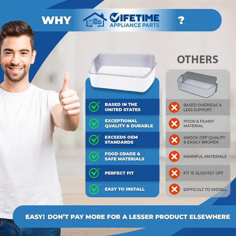 Comparison chart with a man thumbs up, showing benefits of Upgraded Right Side Door Shelf Bin Replacement for Refrigerator, Lifetime Quality.