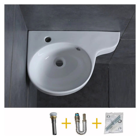 Slick Ceramic Triangle Sink Wall Mounted Corner Basin With Smooth Glaze No Sweat Install Tight Squeeze Savior Comes With Single Handle Faucet, top view.