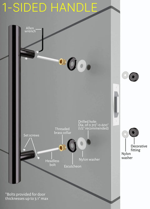 Installation diagram of 24 Inch Matte Black Stainless Steel One Sided Door Pull Handle For Wood Glass Metal Doors And Sliding Glass Shower Doors Modern Contemporary Push Pull Bar For Home Office And Commercial Use Must Have.