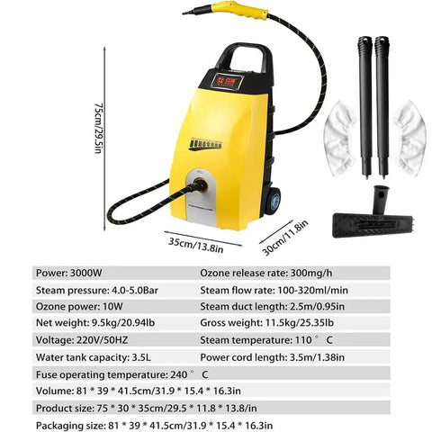 Powerful 3000W Steam Cleaner With 3.5L Tank And High Pressure For Home And Car Deep Cleaning Quick 40 Second Heat Up features detailed specifications and accessories.
