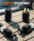 Heavy Duty NEMA 5-20R Plug End Replacement Kit For Extension Cords, PVC black connectors on wooden surface