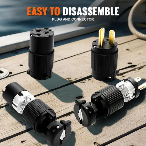 Heavy Duty NEMA 5-20R Plug End Replacement Kit For Extension Cords, PVC black connectors on wooden surface