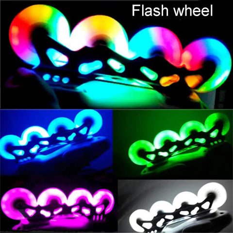Colorful glowing wheels of Dope Light Up Inline Skate Wheels 4 Pack in 62mm 64mm 68mm 70mm 72mm 76mm 80mm Sizes Glowing 90A