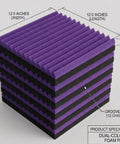 Big Time Kickass 52 Pack Acoustic Foam Wedge Tiles 12X12 Inches Black And Purple Sound Absorbing Panels For Home Studio Setup showing dimensions and groove pattern.