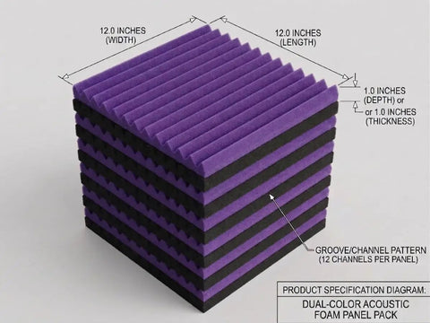 Big Time Kickass 52 Pack Acoustic Foam Wedge Tiles 12X12 Inches Black And Purple Sound Absorbing Panels For Home Studio Setup showing dimensions and groove pattern.