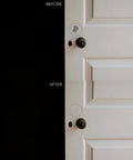 Before and after of white door touch-up using DIY Paint Touch Up Kit Set Of 3 1.5oz Multi Surface Matte Finish Off White Scratch Repair.