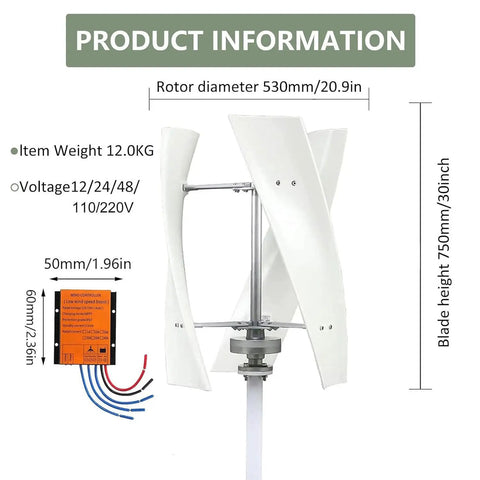 Vertical Helix Wind Turbine Kit With MPPT Controller 12V 24V 48V 10000W Portable Wind Power Generator dimensions shown