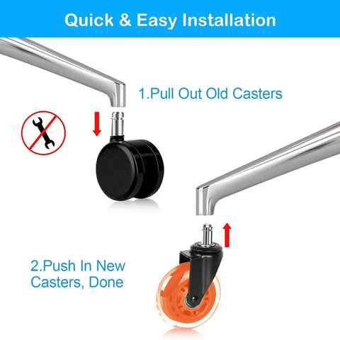 Ultra Silent Office Chair Casters Built Like A Tank Glide Smooth As Butter 3 Inch PU Wheels showing installation steps for easy replacement.