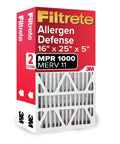 Premium Pleated 16x25x5 Air Filter MERV 11 Micro Allergen Defense 2-Pack for Home HVAC, box packaging, front view.
