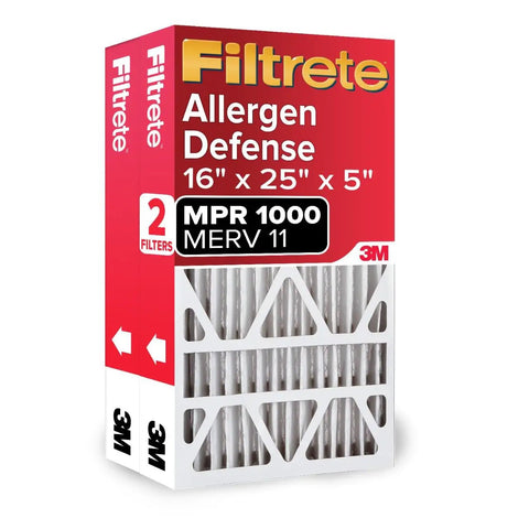 Premium Pleated 16x25x5 Air Filter MERV 11 Micro Allergen Defense 2-Pack for Home HVAC, box packaging, front view.