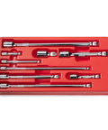 Nine Piece Grab And Go Wobble Extension Bar Set for Sockets With 16 Degree Convex Anvil, Chrome Vanadium Steel Construction, Fits One Quarter Inch, Three Eighths Inch, and One Half Inch Drive Ratchets, Durable Low Clearance Angled Access for Tight Spots in a red tray