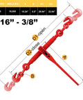 Dimensions of Heavy Duty Ratchet Chain Binder And Five Sixteenths To Three Eighths Inch Transport Chain Kit with grappling hook.