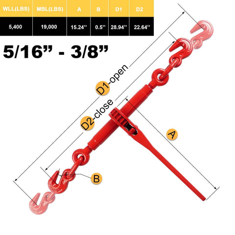 Dimensions of Heavy Duty Ratchet Chain Binder And Five Sixteenths To Three Eighths Inch Transport Chain Kit with grappling hook.