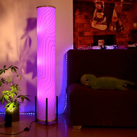 61 Inch Color Changing Floor Lamp With 3 Smart LED Bulbs, Remote Control Dimmable RGB Standing Lamp beside a sofa with plush toy