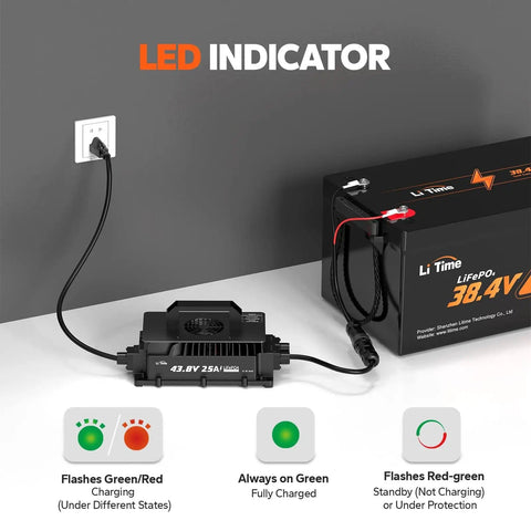 LED indicator charger and 36V 100Ah LiFePO4 Battery With Bluetooth Low Temp Protection, 43.8V 25A Charger, Built-In 100A BMS