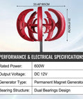 600W Go To Off Grid Wind Turbine Generator With Charge Controller For 12V Systems, Vertical Axis, red, dimensions shown