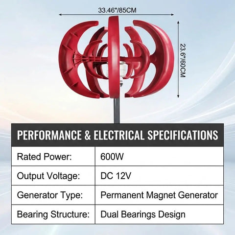 600W Go To Off Grid Wind Turbine Generator With Charge Controller For 12V Systems, Vertical Axis, red, dimensions shown