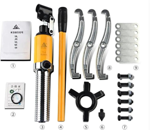 Components of Hydraulic Gear Puller Set With Bearing Puller And Crimping Tool 5 Ton Auto Repair Kit arranged on white surface.