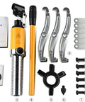 Heavy Duty 5 Ton Hydraulic Gear And Bearing Puller Tool That Pulls Rusty Parts Like A Boss For Zero Hassle Backyard Garage Jobs And Daily Shop Work, including puller, handle, and accessories.