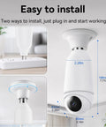 Straight Fire 2K Light Bulb Camera With Full Sweep Panning And Dead Reliable Dual Band Wifi For Home Security showing installation options.