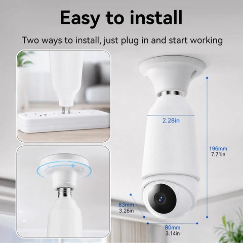 Straight Fire 2K Light Bulb Camera With Full Sweep Panning And Dead Reliable Dual Band Wifi For Home Security showing installation options.