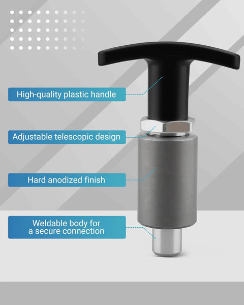 Shop Standard Spring Loaded Pull Pins Featuring Greaseless T Knobs And Heavy Duty Steel Locking Pegs Built Tough For Welding Rigs And Gym Storage While Delivering Corrosion Proof Quick Release Bolts That Hold Fast Under Stress, showing adjustable pull pin with plastic handle and welded body.