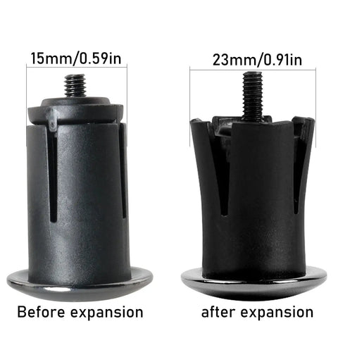 Aluminum Alloy Bike Bar End Plugs With Expanding Locking Caps, shown before and after expansion, black electroplated ends.
