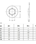 Diagram of 700 Piece Lock Washer And Snap Ring Kit M2.5 To M10 Stainless Steel 304 sizes with dimensions chart