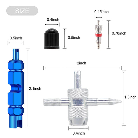 Ultimate Tire Valve Removal Kit With 20 Valve Cores And 10 Caps 4 Way Valve Tool And Core Remover Set dimensions and components