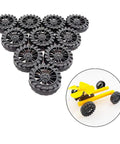 Dope Plastic Toy Car Wheel Set With 2mm Dia Shafts 40 Pack 30mm Wheels And 100mm Rod Axles For RC Cars Trucks Robots DIY Models And Build Projects Great For Hobbyists arranged in a pyramid with a DIY model beside it.