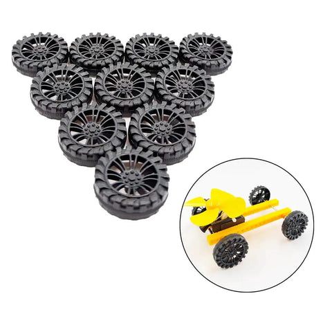 Dope Plastic Toy Car Wheel Set With 2mm Dia Shafts 40 Pack 30mm Wheels And 100mm Rod Axles For RC Cars Trucks Robots DIY Models And Build Projects Great For Hobbyists arranged in a pyramid with a DIY model beside it.