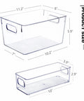 Set Of 8 Clear Stackable Plastic Storage Bins With Four Large And Four Small Containers For Pantry Kitchen Refrigerator Cabinet Organization Straight Up Slick Storage Upgrade, showing dimensions of large and small bins.