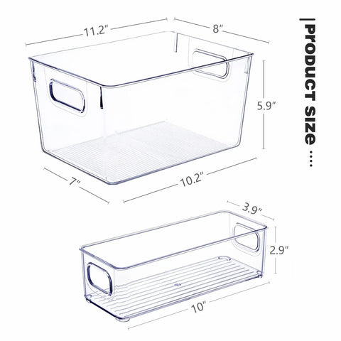Set Of 8 Clear Stackable Plastic Storage Bins With Four Large And Four Small Containers For Pantry Kitchen Refrigerator Cabinet Organization Straight Up Slick Storage Upgrade, showing dimensions of large and small bins.