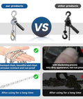 Comparison of Mini Lever Chain Hoist 1100Lbs 0.5T With 10 Ft Lift, showing galvanized rust-proof chain vs. blackened rusted chain.