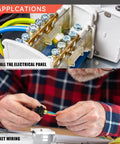 Pro-Grade Ratcheting Crimping Tool For Sleeves Ferrule Ends And Pin Terminals in use for socket wiring and panel installation.