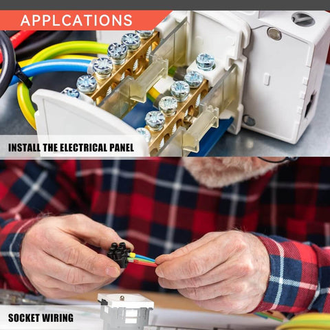 Pro-Grade Ratcheting Crimping Tool For Sleeves Ferrule Ends And Pin Terminals in use for socket wiring and panel installation.