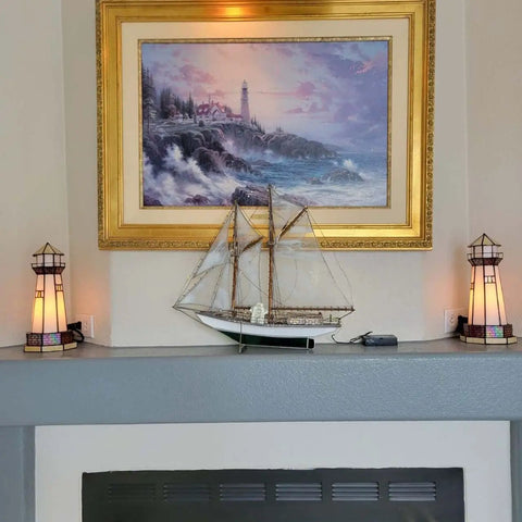 L10626 Lighthouse Tiffany Style Stained Glass Accent Table Lamp Night Light For Home Decoration with painting and model ship