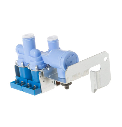 Fridge Water Inlet Valve Replacement WR57X10070 for Ice Maker and Water Dispenser, blue and metal components, side view