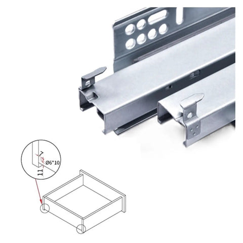 Heavy Duty Undermount Concealed Drawer Slides Featuring Hella Smooth Glide Motion And Professional Grade Steel Construction For Kitchens And Workshops Built Tough Without Any Exposed Mounting Parts 1 Pair close-up of metal glides with mounting details.