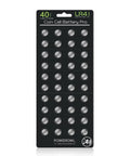 Hassle Free High Capacity Alkaline Button Batteries 40 Pack Real Deal Fit For LR41 AG3 L736 392 384 192 Reliable 1.5V Coin Cells arranged on a black card.