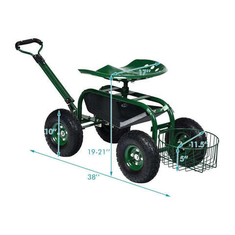 Rolling Garden Cart With Seat And Wheels Outdoor Garden Stool With Tool Tray And Basket 360 Degree Swivel Seat Adjustable Steering Handle Gardening Scooter
