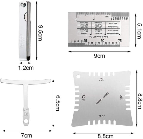 17 Pcs Guitar Luthier Tools Kit With Notched Radius Gauges And Understring Radius Gauges, 32 Blades Feeler Gauge visible with dimensions.