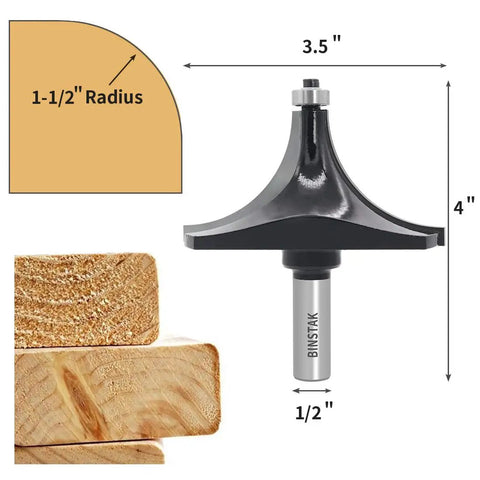 1-1/2 Inch Radius Roundover Router Bit With 1/2 Inch Shank Beading Rounding Over Edging Bit For Edges Molding And Bead Work