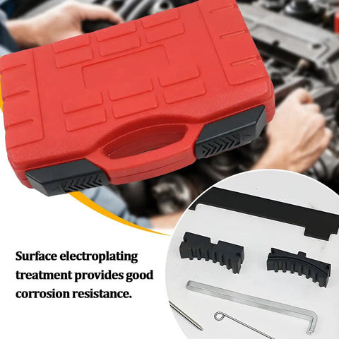 Top Shelf Car Timing Tool Kit Built like a Tank to Hold Your Engine Tight Includes Camshaft Belt Locking Pins and Tensioning Alignment Set Made from Tough Carbon Steel Fits 16V 1.4 1.6 1.8 Motors EN6340 KM6340 Garage Must Have Red Gear toolbox with locking pins and tools for engine maintenance.