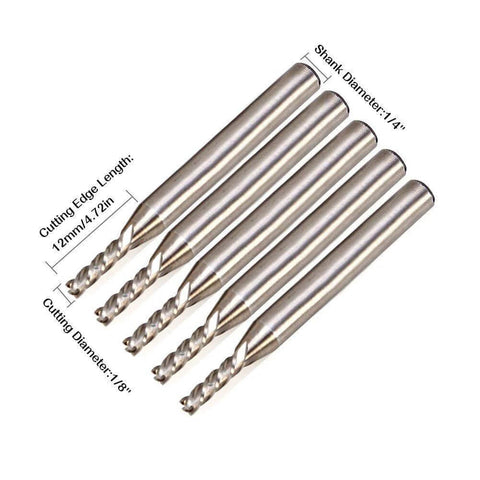 Five 1/8 in HSS CNC end mills with 1/4 in shanks; 4-flute straight cutters for wood, nylon, aluminum, steel