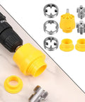 Heavy Duty Pvc Pipe Threader Kit For Electric Drill Quick Connect Die Set with yellow adapter and metal accessories.