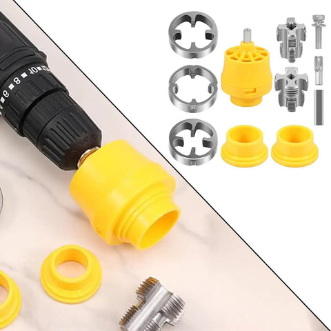 Transform Your Electric Drill Into A Pro-Grade Pipe Threader With This Heavy-Duty Manual Die Kit, components laid out, yellow and silver parts.