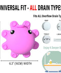 Hot Pink Silicone Bathtub Overflow Drain Cover For A Deeper Soak shown with universal fit sizes and drain types.