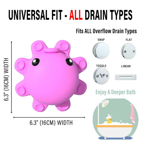 Hot Pink Silicone Bathtub Overflow Drain Cover For A Deeper Soak shown with universal fit sizes and drain types.