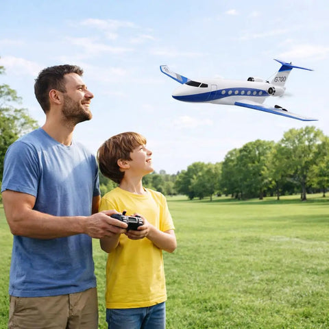Father and son flying RC Plane G700 Remote Control Airplane With Two Point Four GHz Three Channel Flight For Beginners And Adults Durable Epp Foam Glider With Display Stand Easy To Fly Outdoor Jet Toy For Kids Boys Girls 8 Plus